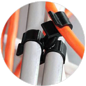 Black plastic swivel clips holding plastic tubes